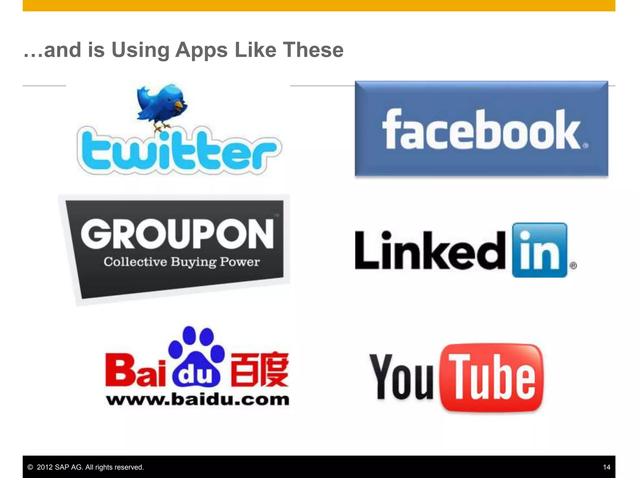 © 2012 SAP AG. All rights reserved. 14
…and is Using Apps Like These
 