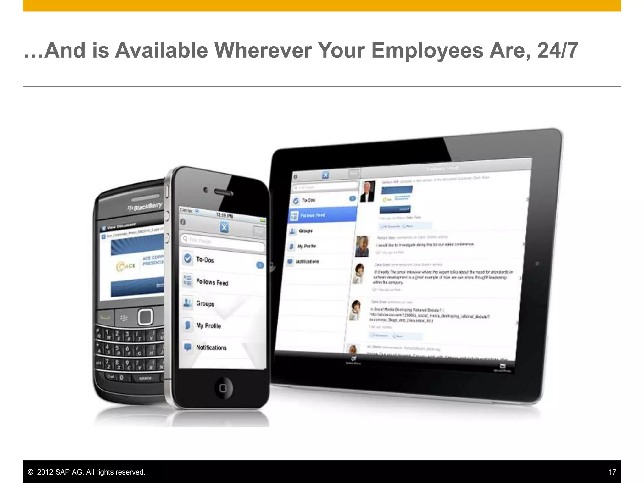 © 2012 SAP AG. All rights reserved. 17
…And is Available Wherever Your Employees Are, 24/7
 