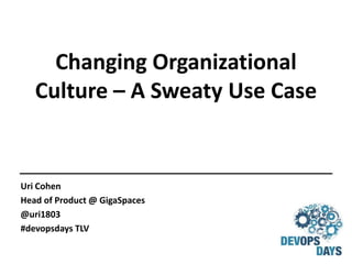 Changing Organizational
Culture – A Sweaty Use Case
Uri Cohen
Head of Product @ GigaSpaces
@uri1803
#devopsdays TLV
 