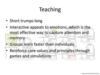 Teaching
• Short trumps long
• Interactive appeals to
emotions, which is the
most effective way to
capture attention and
memory
• Groups learn faster than
individuals
• Reinforce core values and
principles through games
and simulations
Image credit: NLShop/Shutterstock
 