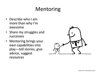 Mentoring
• Describe who I am
more than why I’m
awesome
• Share my struggles and
successes
• Mentoring brings your
own capabilities into
play—tell stories, give
advice, suggest
resources
Image credit: NLShop/Shutterstock
 