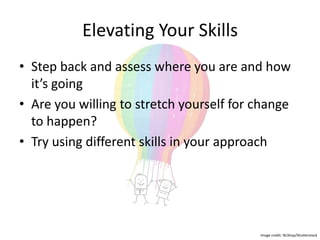 Elevating Your Skills
• Step back and assess
where you are and how
it’s going
• Are you willing to
stretch yourself for
change to happen?
• Try using different skills
in your approach
Image credit: NLShop/Shutterstock
 