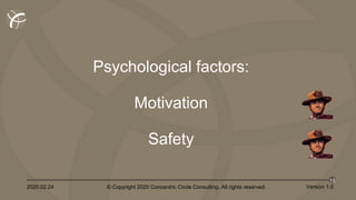 2020.02.24 © Copyright 2020 Concentric Circle Consulting. All rights reserved.
15
Version 1.0
Psychological factors:
Motivation
Safety
 