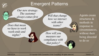 2020.02.24 © Copyright 2020 Concentric Circle Consulting. All rights reserved.
27
Version 1.0
Emergent Patterns
Our new strategy:
The customer
always comes first
Does that mean
we have to work
week-ends and
nights?
Will that change
how we interact
with other
teams?
How will you
measure our
compliance with
that policy?
Agents create
structures &
methods in
response to
circumstances,
without their
being directed
to do so
 