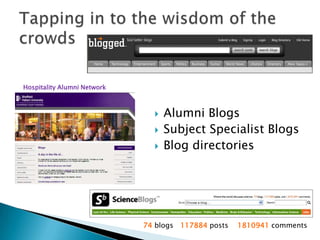 Alumni BlogsSubject Specialist BlogsBlog directoriesTapping in to the wisdom of the crowdsHospitality Alumni Network74 blogs   117884 posts    1810941 comments
