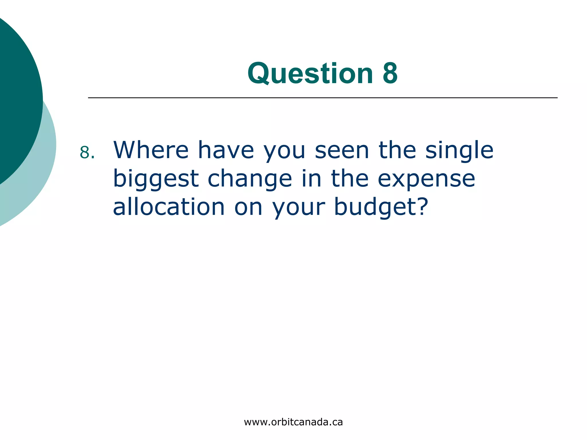 Question 8
Where have you seen the single
biggest change in the expense
allocation on your budget?
www.orbitcanada.ca
 