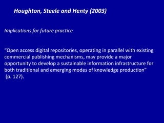 Houghton, Steele and Henty (2003) Implications for future practice “ Op en access digital repositories, operating in parallel with existing commercial publishing mechanisms, may provide a major opportunity to develop a sustainable information infrastructure for both traditional and emerging modes of knowledge production” (p. 127). 