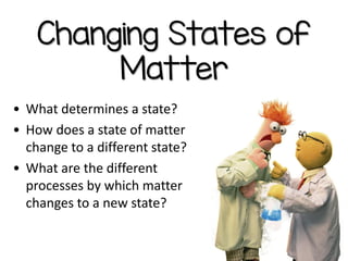 Changing States of
Matter
• What determines a state?
• How does a state of matter
change to a different state?
• What are the different
processes by which matter
changes to a new state?
 