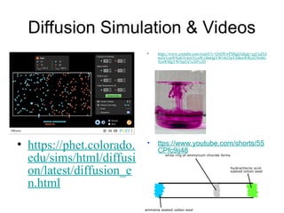 Diffusion Simulation & Videos
• https://phet.colorado.
edu/sims/html/diffusi
on/latest/diffusion_e
n.html
• https://www.youtube.com/watch?v=OxhWwPMlgdA&pp=ygUuZGl
mZnVzaW9uIGV4cGVyaW1lbnQgYW1tb25pYSBoeWRyb2NobG
9yaWMgYWNpZA%3D%3D
• ttps://www.youtube.com/shorts/55
CPfc9ij48
 