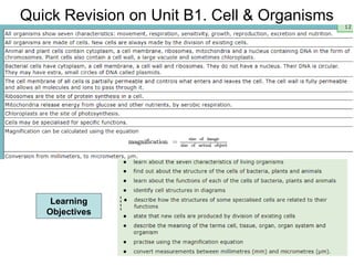 Quick Revision on Unit B1. Cell & Organisms
Learning
Objectives
 