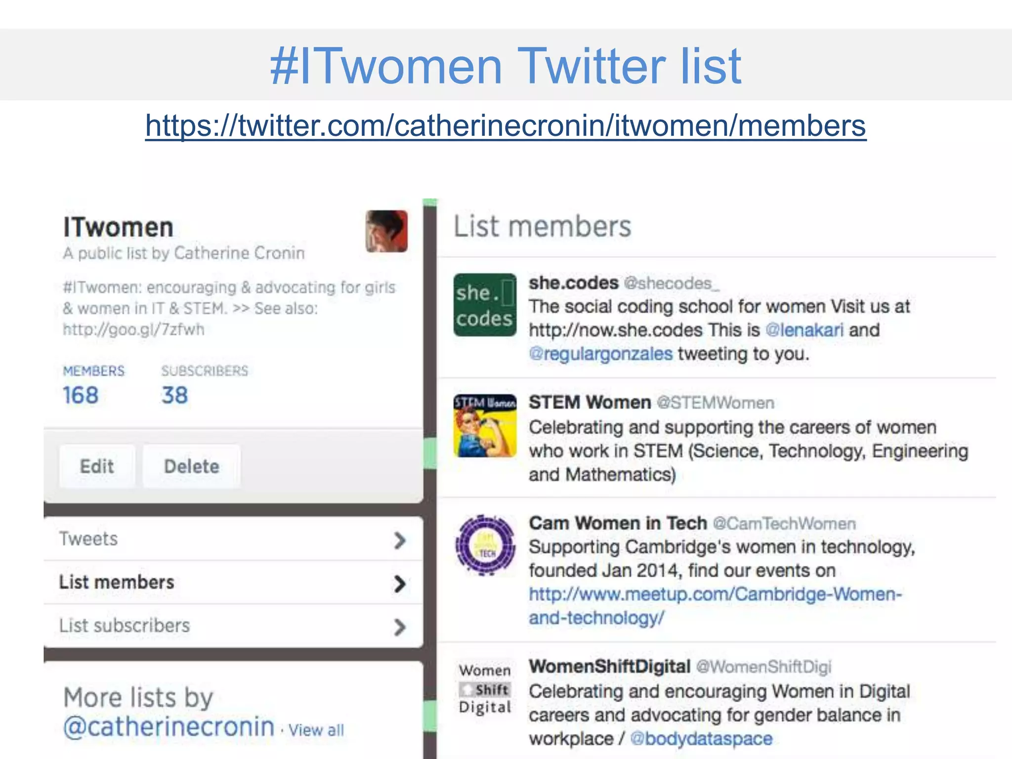 https://twitter.com/catherinecronin/itwomen/members
#ITwomen Twitter list