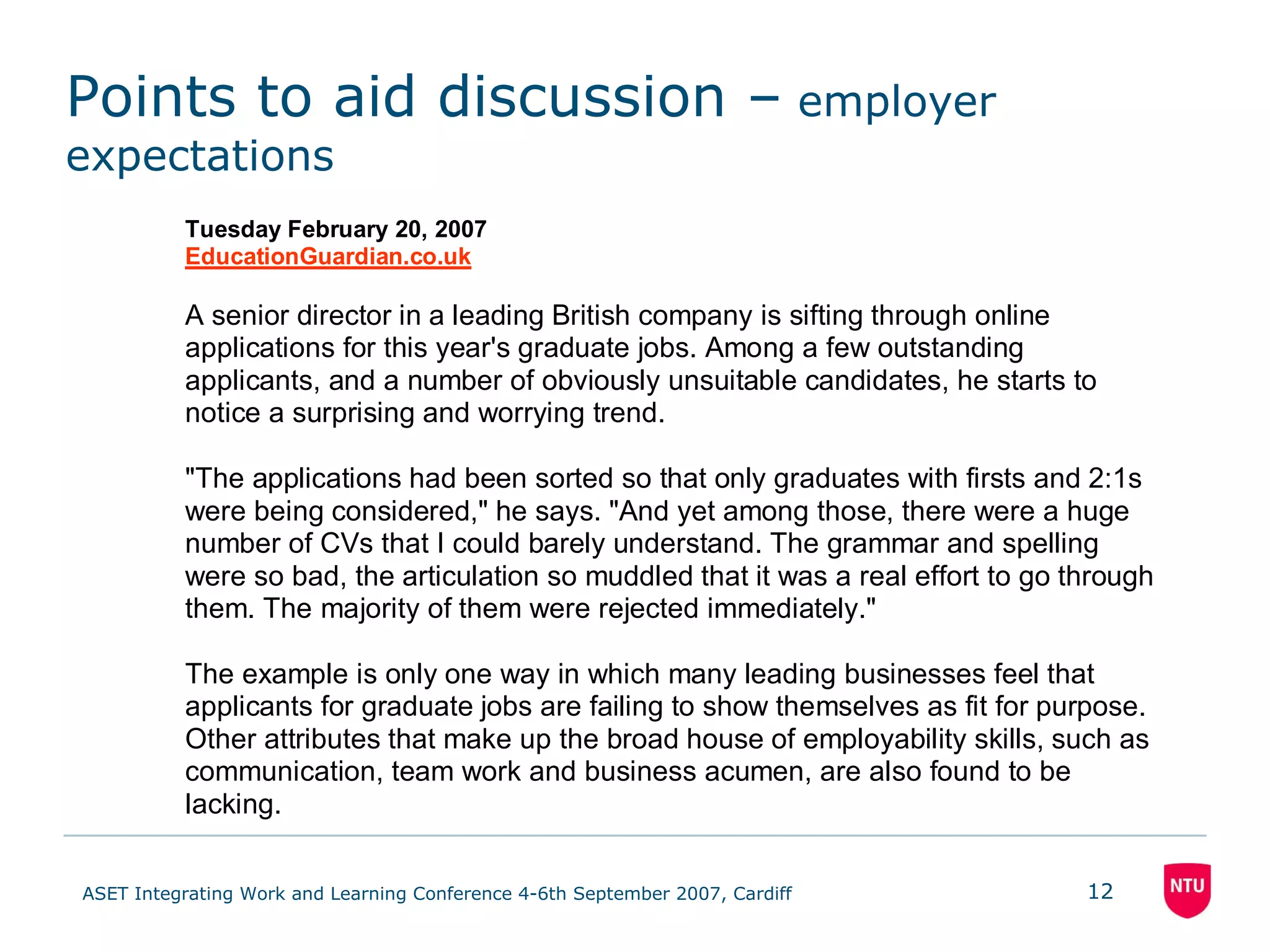 Points to aid discussion –  employer expectations 