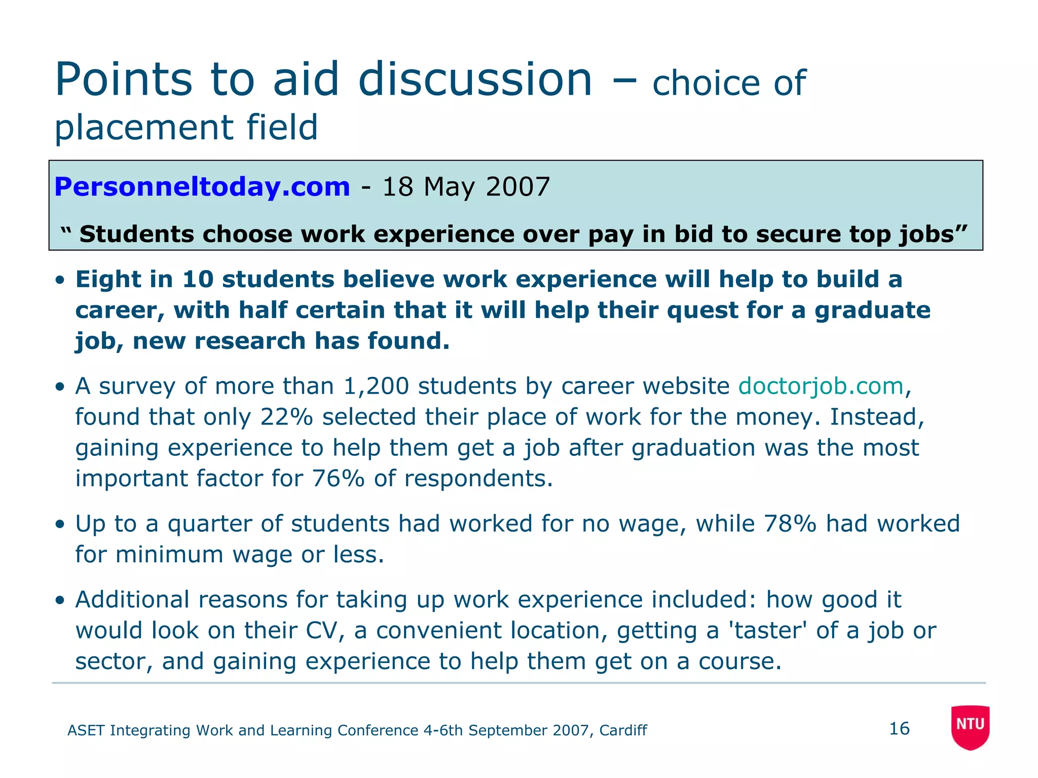 Points to aid discussion –  choice of placement field Personneltoday.com   - 18 May 2007  “  Students choose work experience over pay in bid to secure top jobs” Eight in 10 students believe work experience will help to build a career, with half certain that it will help their quest for a graduate job, new research has found. A survey of more than 1,200 students by career website  doctorjob.com , found that only 22% selected their place of work for the money. Instead, gaining experience to help them get a job after graduation was the most important factor for 76% of respondents. Up to a quarter of students had worked for no wage, while 78% had worked for minimum wage or less. Additional reasons for taking up work experience included: how good it would look on their CV, a convenient location, getting a 'taster' of a job or sector, and gaining experience to help them get on a course. 