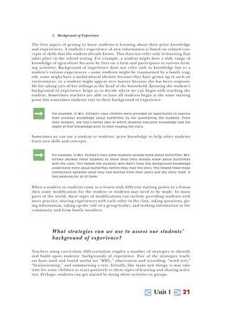 U Unit 1 T 21
1. Background of Experience
The first aspect of getting to know students is learning about their prior knowledge
and experiences. A student’s experience of new information is based on related con-
cepts or skills that the student already knows. This does not refer only to learning that
takes place in the school setting. For example, a student might have a wide range of
knowledge of agriculture because he lives on a farm and participates in various farm-
ing activities. Background of experience does not refer only to knowledge but to a
student’s various experiences – some students might be traumatised by a family trag-
edy, some might have a multicultural identity because they have grown up in such an
environment, or a student might appear very mature because she has been responsi-
ble for taking care of her siblings as the head of the household. Knowing the student’s
background of experience helps us to decide where we can begin with teaching the
student. Sometimes teachers are able to have all students begin at the same starting
point but sometimes students vary in their background of experience.
: For example, in Mrs. Kichwa’s class children were provided an opportunity to express
their previous knowledge about butterflies by her questioning the students. From
their answers, she had a better idea of which students had prior knowledge and the
depth of that knowledge prior to their reading the story.
Sometimes we can use a student or students’ prior knowledge to help other students
learn new skills and concepts.
: For example, in Mrs. Kichwa’s class some students already knew about butterflies. Mrs.
Kichwa allowed these students to share what they already knew about butterflies
with the class. This helped the students who didn’t have this background knowledge
understand more about butterflies before they read the story. This helped them make
connections between what they had learned from their peers and the story itself. It
had meaning for all of them.
When a student or students come to a lesson with different starting points in a lesson
then some modification for the student or students may need to be made. In many
parts of the world, these types of modifications can include providing students with
more practice, sharing experiences with each other in the class, asking questions, giv-
ing information, taking up the role of a group leader, and seeking information in the
community and from family members.
What strategies can we use to assess our students’
background of experience?
Teachers using curriculum differentiation employ a number of strategies to identify
and build upon students’ backgrounds of experience. Five of the strategies teach-
ers have used and found useful are “KWL,” observation and recording, “word sort,”
“brainstorming,” and summarising a text. Initially, like many new things, it may take
time for some children to react positively to these types of learning and sharing activi-
ties. Perhaps, students can get started by doing these activities in groups.
 