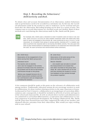 76
T Changing Teaching Practices, using curriculum differentiation to respond to students’ diversity
Step 2. Recording the behaviours/
skill/activity watched.
To obtain clear and accurate documentation of an observation, student behaviours
and/or performance need to be recorded in a systematic way. In this way, the record-
ed information made by the teacher(s) and/or student(s) can be reviewed and ana-
lysed after the observation. Recording keeping can be done in a variety of ways. Two
common ways to record observations are anecdotal records and checklists. Both of these
methods were used during the observations made by Mrs. Smith and Mr. Jones.
: For example, Mrs. Smith used a checklist to note if students were on-task or not, but
also, used anecdotal recording to note student responses when she asked why they
were or were not engaged in the activity. Mr. Jones preferred to use a checklist. In the
classroom, he circulated from group to group quickly checking off if a student was
able to perform the required skill or not during the Maths activity. This also gave him
time to give reinforcement to individual students as he observed and interacted with
the class. He used correction and reinforcement when necessary.
Mrs. Smith focus:
Observation of the engagement of stu-
dents during their Maths group work
Anecdotal record
The teacher aims to identify:
‘Jerry was not engaged in the activity
because he already knew the solution to
the problem and he felt he had already
contributed enough to the group.’
‘Melissa was engaged because she en-
joyed measurement problems and felt
her contributions were an integral part
in finding the solution.’
Mr. Jones focus:
Observation of the same group of stu-
dents during their group work
Record: Checklist
‘… one student was not able to convert
the measurement to its lowest frac-
tion when recorded on the group work
sheet. Mr. Jones checked this on his list
and then assisted the student in correc-
tive feedback as they worked through
the problem together.’
A few comments should be made at this point on the relevancy of collaborative work
among teachers. Traditionally, education systems do not encourage teachers to work
in collaboration, let alone teachers sharing activities in the same classroom or lesson.
As discussed in Unit 2, however, collaboration is an integral part of curriculum differ-
entiation and, consequently, it should be included at all levels of activity and aspects
of the school and classroom life. As well, in schools where teachers and administrators
are committed to curriculum differentiation, co-operation and collaboration is a nat-
ural component of professional development. By working collaboratively, Mrs. Smith
and Mr. Jones have learned from each other, supported the tasks of one another, and
obtained effective outcomes from their observation. Who would you enjoy working
with in your school?
 