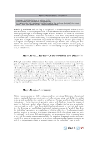 U Unit 5 T 91
Methods of Assessment. The last step in the process is determining the methods of assess-
ment. It consists of identifying methods to assess whether each student has learned the
underlying concept or skill being taught. Various methods are used for assessment
including having students select one or more of their “best” completed assignment
that demonstrates their understanding of the concept or acquisition of the skill being
taught. For example, assessment assignments for setting can include presenting an
oral report, identifying an illustration, constructing a diorama and creating an illus-
tration of a particular setting within the story. The point is that we are not going to
measure oral or manual skills but whether the underlying concept, the setting in this
case, is understood.
More About…Student Characteristics and Diversity
Although curriculum differentiation has many assessment and instructional strate-
gies, the importance of every student and their student characteristics (e.g., diversity,
culture, learning profile, interests and background of experience) cannot be overstat-
ed. It is by focusing on these student characteristics and adjusting the curricular com-
ponents accordingly that instruction for each individual student becomes respectful
and meaningful. Students and teachers become learners. We discover new ways and
means to modify various components of the curriculum to provide new learning expe-
riences for students—for all students. We learn to discover new strengths in students.
We learn how to accommodate for diverse groups of students and use that diversity to
provide learning experiences for others. We truly develop a sense of community and
being for our students.
More About…Assessment
Within classrooms that are differentiated, students work toward the same educational
goals or standards but some students need to be assessed using varied objectives, that
is, their individual objectives need to be different. The rate at which these individual
students meet their objectives is going to vary as well. Students should be measured
based on their entry points where they are going to begin with learning a particular
concept, topic or skill. From there, individual development is expected and objec-
tives for learning are established. Individual student progress is “graded” based on
the individual’s growth or accomplishment of those objectives. Teachers continually
monitor student progress to help ensure that prescribed educational goals are met.
Even though curriculum differentiation does not stress competition or comparisons
to peers, it does stress student responsibility for learning. As a result, students who are
required to meet strict assessment procedures and pass standard exams, progress as
well. It is student-centred and as a result focuses on the individual’s own growth.
Related Activities For Enrichment
Develop a time-line of change of settings in life.
Compare own home setting with setting of story.
In relation to the story, evaluate the effectiveness of the setting as depicted in the movie.
Write a short story which includes a well-developed setting.
 