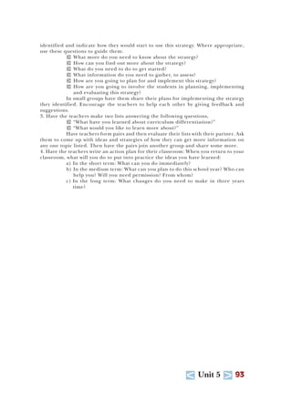 U Unit 5 T 93
identified and indicate how they would start to use this strategy. Where appropriate,
use these questions to guide them:
T What more do you need to know about the strategy?
T How can you find out more about the strategy?
T What do you need to do to get started?
T What information do you need to gather, to assess?
T How are you going to plan for and implement this strategy?
T How are you going to involve the students in planning, implementing
and evaluating this strategy?
In small groups have them share their plans for implementing the strategy
they identified. Encourage the teachers to help each other by giving feedback and
suggestions.
3. Have the teachers make two lists answering the following questions,
T “What have you learned about curriculum differentiation?”
T “What would you like to learn more about?”
Have teachers form pairs and then evaluate their lists with their partner. Ask
them to come up with ideas and strategies of how they can get more information on
any one topic listed. Then have the pairs join another group and share some more.
4. Have the teachers write an action plan for their classroom: When you return to your
classroom, what will you do to put into practice the ideas you have learned:
a) In the short term: What can you do immediately?
b) In the medium term: What can you plan to do this school year? Who can
help you? Will you need permission? From whom?
c) In the long term: What changes do you need to make in three years
time?
 
