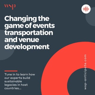 w
sp-anticipate.
com
Tune in to learn how
our experts build
sustainable
legacies in host
countries...
Changingthe
gameofevents
transportation
andvenue
development
 