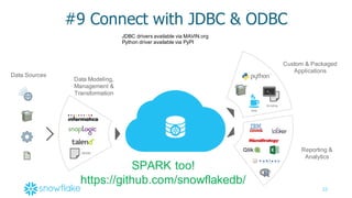 22
#9  Connect  with  JDBC  &  ODBC
Data  Sources
Custom  &  Packaged  
Applications
ODBC WEB UIJDBC
Interfaces
Java
>_
Scripting
Reporting  &  
Analytics
Data  Modeling,  
Management  &  
Transformation
SDDM
SPARK  too!
https://github.com/snowflakedb/
JDBC  drivers  available  via  MAVIN.org
Python  driver  available  via  PyPI
 