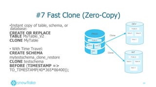 24
#7  Fast  Clone  (Zero-­Copy)
•Instant  copy  of  table,  schema,  or  
database:
CREATE OR  REPLACE  
TABLE MyTable_V2
CLONE MyTable
• With  Time  Travel:
CREATE SCHEMA
mytestschema_clone_restore
CLONE testschema
BEFORE (TIMESTAMP =>
TO_TIMESTAMP(40*365*86400));;
 