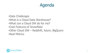 3
Agenda
•Data  Challenges
•What  is  a  Cloud  Data  Warehouse?
•What  can  a  Cloud  DW  do  for  me?
•Cool  Features  of  Snowflake
•Other  Cloud  DW  – Redshift,  Azure,  BigQuery
•Real  Metrics
 