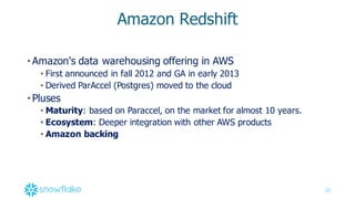 32
Amazon  Redshift
•Amazon's  data  warehousing  offering  in  AWS  
• First  announced  in  fall  2012  and  GA  in  early  2013
• Derived  ParAccel  (Postgres)  moved  to  the  cloud
•Pluses
• Maturity: based  on  Paraccel,  on  the  market  for  almost  10  years.  
• Ecosystem: Deeper  integration  with  other  AWS  products  
• Amazon backing
 