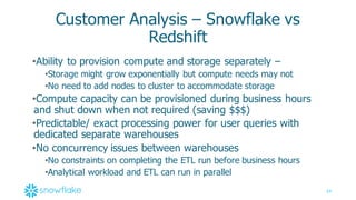 34
Customer  Analysis  – Snowflake  vs  
Redshift
•Ability  to  provision  compute  and  storage  separately  –
•Storage  might  grow  exponentially  but  compute  needs  may  not  
•No  need  to  add  nodes  to  cluster  to  accommodate  storage
•Compute  capacity  can  be  provisioned  during  business  hours  
and  shut  down  when  not  required  (saving  $$$)
•Predictable/  exact  processing  power  for  user  queries  with  
dedicated  separate  warehouses
•No  concurrency  issues  between  warehouses
•No  constraints  on  completing  the  ETL  run  before  business  hours  
•Analytical  workload  and  ETL  can  run  in  parallel
 