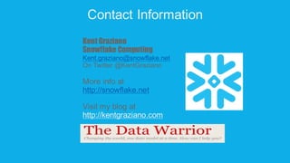 Kent Graziano
Snowflake Computing
Kent.graziano@snowflake.net
On  Twitter  @KentGraziano
More  info  at
http://snowflake.net
Visit  my  blog  at
http://kentgraziano.com
Contact  Information
 