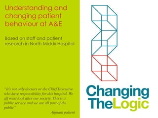 “It’s not only doctors or the Chief Executive
who have responsibility for this hospital. We
all must look after our society. This is a
public service and we are all part of the
public”
Afghani patient
Understanding and
changing patient
behaviour at A&E
Based on staff and patient
research in North Middx Hospital
 
