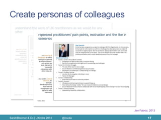 Create personas of colleagues 
SarahBloomer & Co | UXIndia 2014 
17 
Jen Fabrizi, 2013 
@boolie  