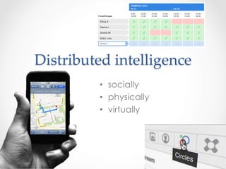 Distributed  intelligence	
          •  socially
          •  physically
          •  virtually
 