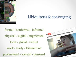 Connectivist  learning	


     “Learning  is  primarily  a  network-­‐‑forming  process”    
         (George  Siemens)	
     	
     •  Learner-­‐‑centred	
     •  Social  and  cultural	
     •  Forms  networks  and  structures  nodes	
 
