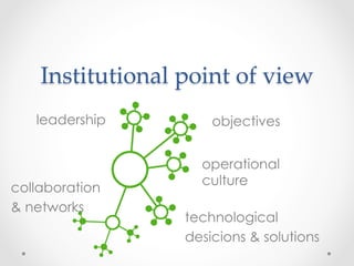 Concept  of  knowledge	
       •  static
          dynamic, creative
       •  authorized
          democratic
       •  objective
          relative
 