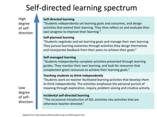 Self-directed learning spectrum
High                   Self-directed learning
degree                 “Students independently set learning goals and outcomes, and design
of self-               activities that extend their learning. They then reflect on and evaluate their
direction              own progress to improve their learning.”
                       Self-planned learning
                       “Students negotiate and set learning goals and manage their own learning.
                       They pursue learning outcomes through activities they design themselves
                       and incorporate feedback from their peers to achieve their goals.”

                       Self-managed learning
                       “Students independently complete activities presented through learning
                       guides. They monitor their own learning, and look for resources that
                       complement given resources to achieve their learning goals.”
                       Teaching students to think independently
                       “Students work on teacher-facilitated learning activities that develop them
                       to think independently. The activities emphasise the personal pursuit of
Low                    meaning through exploration, inquiry, problem solving and creative activity.
degree
                       Incidental self-directed learning
of self-
                       “The occasional introduction of SDL activities into activities that are
direction              otherwise teacher-directed.”

                                                                                                 15
  Adapted from http://www.selfdirectedlearning.com/SDLProgram.html
 