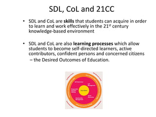 SDL, CoL and 21CC
• SDL and CoL are skills that students can acquire in order
  to learn and work effectively in the 21st century
  knowledge-based environment

• SDL and CoL are also learning processes which allow
  students to become self-directed learners, active
  contributors, confident persons and concerned citizens
   – the Desired Outcomes of Education.




                                                        18
 