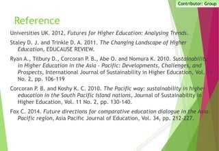 Reference
Universities UK. 2012, Futures for Higher Education: Analysing Trends.
Staley D. J. and Trinkle D. A. 2011. The Changing Landscape of Higher
Education, EDUCAUSE REVIEW.
Ryan A., Tilbury D., Corcoran P. B., Abe O. and Nomura K. 2010. Sustainability
in Higher Education in the Asia – Pacific: Developments, Challenges, and
Prospects, International Journal of Sustainability in Higher Education, Vol. 11
No. 2, pp. 106-119
Corcoran P. B. and Koshy K. C. 2010. The Pacific way: sustainability in higher
education in the South Pacific Island nations, Journal of Sustainability in
Higher Education, Vol. 11 No. 2, pp. 130-140.
Fox C. 2014. Future directions for comparative education dialogue in the Asia-
Pacific region, Asia Pacific Journal of Education, Vol. 34, pp. 212-227.
Contributor: Group
 