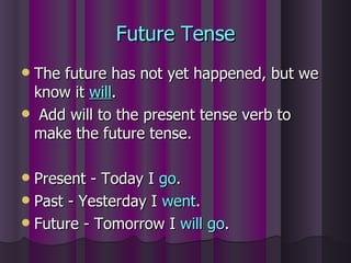 Future Tense The future has not yet happened, but we know it  will .  Add will to the present tense verb to make the future tense. Present - Today I  go . Past - Yesterday I  went . Future - Tomorrow I  will go . 