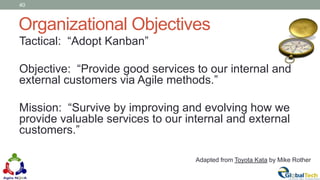 40
Tactical: “Adopt Kanban”
Objective: “Provide good services to our internal and
external customers via Agile methods.”
Mission: “Survive by improving and evolving how we
provide valuable services to our internal and external
customers.”
Adapted from Toyota Kata by Mike Rother
Organizational Objectives
 