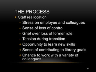 THE PROCESS
 Staff reallocation
  - Stress on employee and colleagues
  - Sense of loss of control
  - Grief over loss of former role
  - Tension during transition
  + Opportunity to learn new skills
  + Sense of contributing to library goals
  + Chance to work with a variety of
    colleagues

                                             11
 
