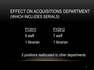EFFECT ON ACQUISITIONS DEPARTMENT
(WHICH INCLUDES SERIALS)


       FY2011             FY2012
       9 staff            7 staff
       1 librarian        1 librarian


     2 positions reallocated to other departments

                                                    9
 