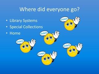 Where did everyone go?
• Library Systems
• Special Collections
• Home
 