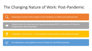 The Changing Nature of Work: Post-Pandemic
Exploratory Survey of the Impact of the Pandemic on Work and Cybersecurity
Global Centre for Cybersecurity Capacity Building (GCSC), University of Oxford in
collaboration with GrapeData
GrapeData: “Pioneers in … tech-enabled market research with global coverage”
An exploratory online global survey of adults [in the field presently]
 