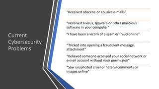 Current
Cybersecurity
Problems
“Received obscene or abusive e-mails”
“Received a virus, spyware or other malicious
software in your computer”
“I have been a victim of a scam or fraud online”
“Tricked into opening a fraudulent message,
attachment”
“Believed someone accessed your social network or
e-mail account without your permission”
“Saw unsolicited cruel or hateful comments or
images online”
 