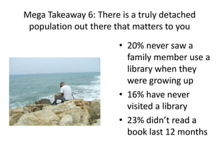 Mega Takeaway 6: There is a truly detached
population out there that matters to you
• 20% never saw a
family member use a
library when they
were growing up
• 16% have never
visited a library
• 23% didn’t read a
book last 12 months
 