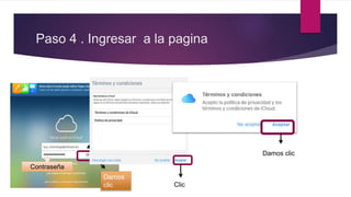 Paso 4 . Ingresar a la pagina
Contraseña
Correo con
el creo
Damos
clic Clic
Damos clic
 