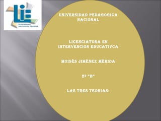 UNIVERSIDAD PEDAGOGICA NACIONAL LICENCIATURA EN INTERVENCION EDUCATIVCA Moisés Jiménez Mérida 2º “B” LAS TRES TEORIAS: 