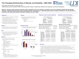 The Changing Relationship of Obesity and Disability, 1988-2004 Dawn Alley, PhD 1 , Virginia W. Chang, MD, PhD 2 1 Robert Wood Johnson Foundation Health and Society Scholars Program,  2 Departments of Medicine and Sociology, University of Pennsylvania ,[object Object],[object Object],[object Object],[object Object],[object Object],This study was supported by the Robert Wood Johnson Foundation Health & Society Scholars program & by grant K12-HD043459 from the National Institute of Child Health & Human Development.  Abstract:  Recent health changes among the obese population may have resulted in changes in the risk of disability associated with obesity.  Using two disability indicators (functional impairment & ADL impairment) & a nationally-representative sample of adults 60+, this study finds an increase in the association between obesity & disability over the 1990s.  Disability by obesity status & survey period Functional Impairment ADL Impairment Relative odds of functional impairment: Normal weight Period 1 relative to normal weight Period 2:  0.93 (0.81-1.07) Obese Period 1 relative to normal weight Period 1:   1.78 (1.47-2.16) Obese Period 2 relative to obese Period 1:      1.43 (1.18-1.75) Obese Period 2 relative to normal weight Period 2:     2.75 (2.39-3.17) Relative odds of ADL impairment: Normal weight Period 1 relative to normal weight Period 2:  0.66 (0.50-0.88) Obese Period 1 relative to normal weight Period 1:   1.31 (0.92-1.88) Obese Period 2 relative to obese Period 1:    1.03 (0.71-1.51) Obese Period 2 relative to normal weight Period 2:   2.05 (1.45-2.88) ,[object Object],[object Object],[object Object],[object Object],[object Object],[object Object],[object Object],Background Obese Regression results: Functional Impairment Objective ,[object Object],Measures ,[object Object],[object Object],[object Object],[object Object],[object Object],[object Object],[object Object],[object Object],[object Object],[object Object],[object Object],[object Object],[object Object],[object Object],[object Object],[object Object],[object Object],[object Object],[object Object],[object Object],[object Object],Data ,[object Object],[object Object],[object Object],Methods ,[object Object],[object Object],[object Object],[object Object],[object Object],[object Object],Descriptive results Prevalence of BMI category by survey period Model 1: Demographic controls Odds Ratio (95% CI) Underweight 1.53 (1.02-2.30) Normal weight - Overweight 1.12 (0.98-1.29) Obese 1.78 (1.47-2.16) Survey period 2 0.93 (0.81-1.07) Obese*Period 2 1.54 (1.25-1.91) Model 2: Obesity categories Model 3: Full model Odds Ratio (95% CI) Odds Ratio (95% CI) Underweight 1.56 (0.87-2.78) 1.66 (0.87-3.17) Normal weight - - Overweight 0.94 (0.69-1.28) 0.85 (0.62-1.17) Class 1 Obesity 0.82 (0.44-1.51) 0.71 (0.38-1.32) Class 2 Obesity 2.11 (1.15-3.86) 1.76 (0.91-3.41) Class 3 Obesity 3.97 (1.79-8.79) 2.32 (1.09-4.93) Survey period 2 0.66 (0.50-0.87) 0.63 (0.47-0.85) Class 1 Obesity* Period 2 1.70 (0.83-3.45) 1.68 (0.82-3.46) Class 2 Obesity* Period 2 1.41 (0.66-3.00) 1.19 (0.53-2.66) Class 3 Obesity* Period 2 1.14 (0.37-3.50) 1.33 (0.45-3.93) Regression results: ADL Impairment Model 2: Obesity categories Model 3: Full model Odds Ratio (95% CI) Odds Ratio (95% CI) Underweight 1.54 (1.02-2.31) 1.48 (0.97-2.25) Normal weight - - Overweight 1.13 (0.98-1.29) 1.09 (0.95-1.26) Class 1 Obesity 1.38 (1.10-1.73) 1.24 (0.97-1.58) Class 2 Obesity 2.20 (1.64-2.94) 1.94 (1.40-2.70) Class 3 Obesity 8.68 (4.45-16.91) 5.64 (2.51-12.67) Survey period 2 0.92 (0.80-1.06) 0.88 (0.76-1.02) Class 1 Obesity* Period 2 1.31 (1.00-1.72) 1.37 (1.02-1.84) Class 2 Obesity* Period 2 2.24 (1.48-3.38) 2.04 (1.29-3.24) Class 3 Obesity* Period 2 0.93 (0.40-2.17) 1.13 (0.43-3.00) Model 1: Demographic controls Odds Ratio (95% CI) Underweight 1.55 (0.87-2.75) Normal weight - Overweight 0.94 (0.68-1.28) Obese 1.31 (0.92-1.88) Survey period 2 0.66 (0.50-0.88) Obese*Period 2 1.56 (1.03-2.36) Discussion 