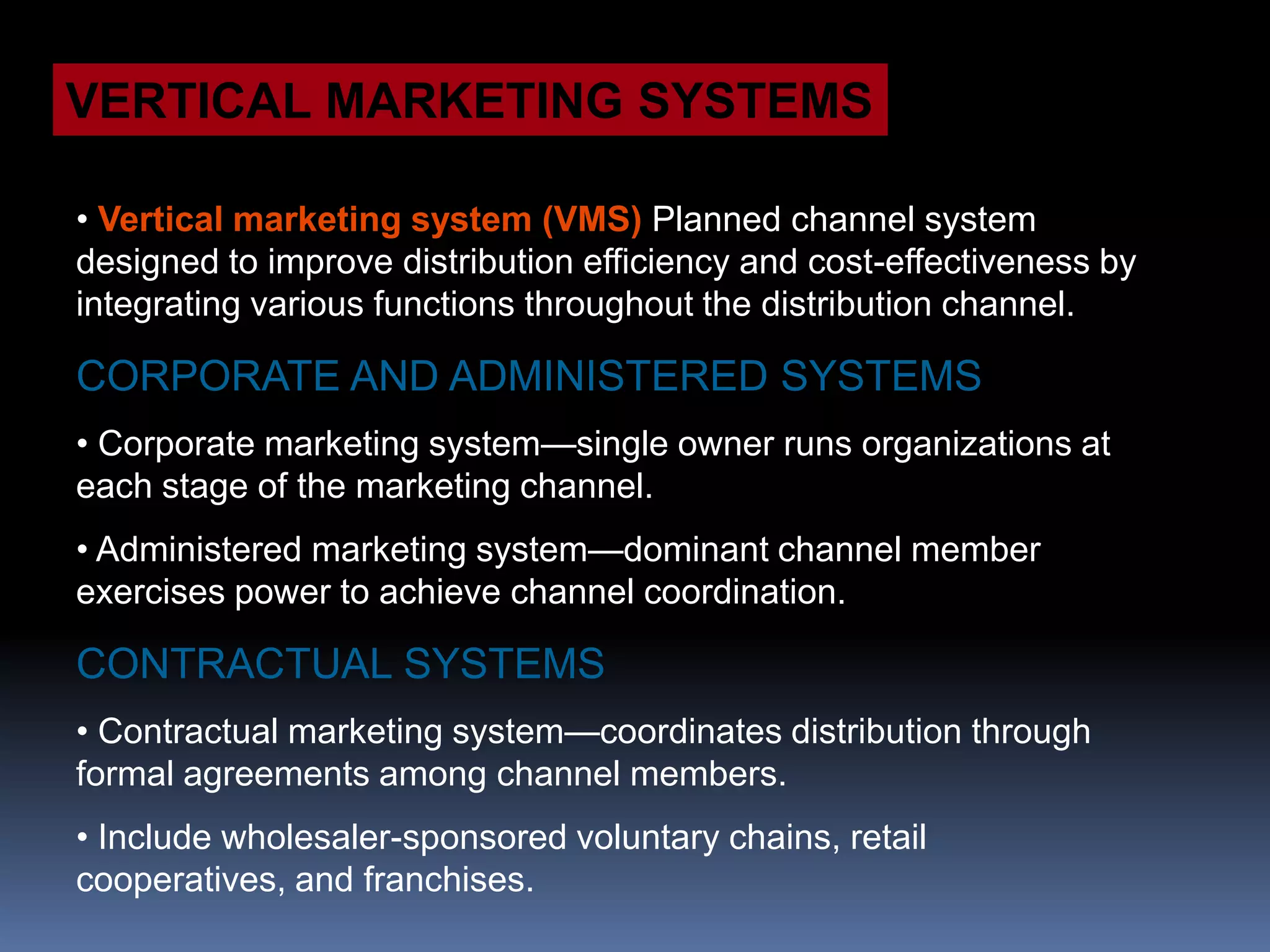 In the past years, the surge of e-commerce has underscored the importance of physical distribution  	the challenge relates to fulfillment, which entails 	having the merchandise that is ordered by a 		customer in stock and then packing and shipping 	it in an efficient, timely mannerTHE ROLE OF MARKETING CHANNELSIN MARKETING STRATEGY• Marketing channels are key because they are the means of making goods and services available to ultimate users.• Four functions of marketing channels:• Channels facilitate the exchange process by reducing the number of marketplace contacts necessary to make a sale.• Distributors adjust for discrepancies in the market’s assortment  of goods and services via sorting, channeling products to meet the buyer’s and producer’s needs.• Channel members tend to standardize payment terms, delivery schedules, prices, purchase lots, and other conditions.•  Channels facilitate searches by both buyers and sellers and bring them together to complete the exchange process.