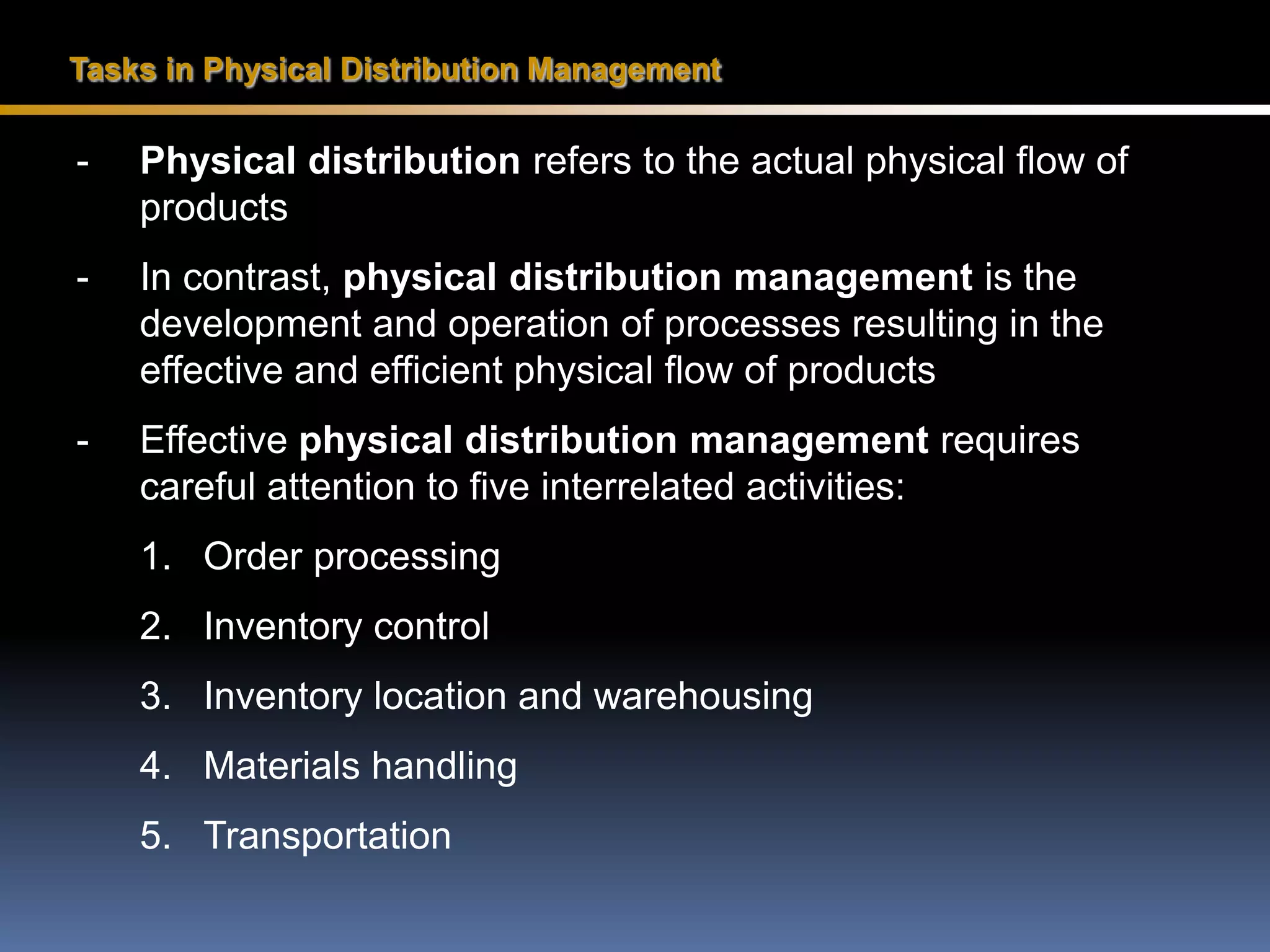 TYPES OF MARKETING CHANNELS• Most channel options involve at least one marketing intermediary, an organization that operates between producers and consumers or business users. • A retailer owned and operated by someone other than the manufacturer of the products it sells. • A wholesaler who takes title to the goods it handles and then distributes these goods to retailers, other distributors, or sometimes  end consumers. • Service firms market primarily through short channels because they sell intangible products and need to maintain personal relationships within their channels. 