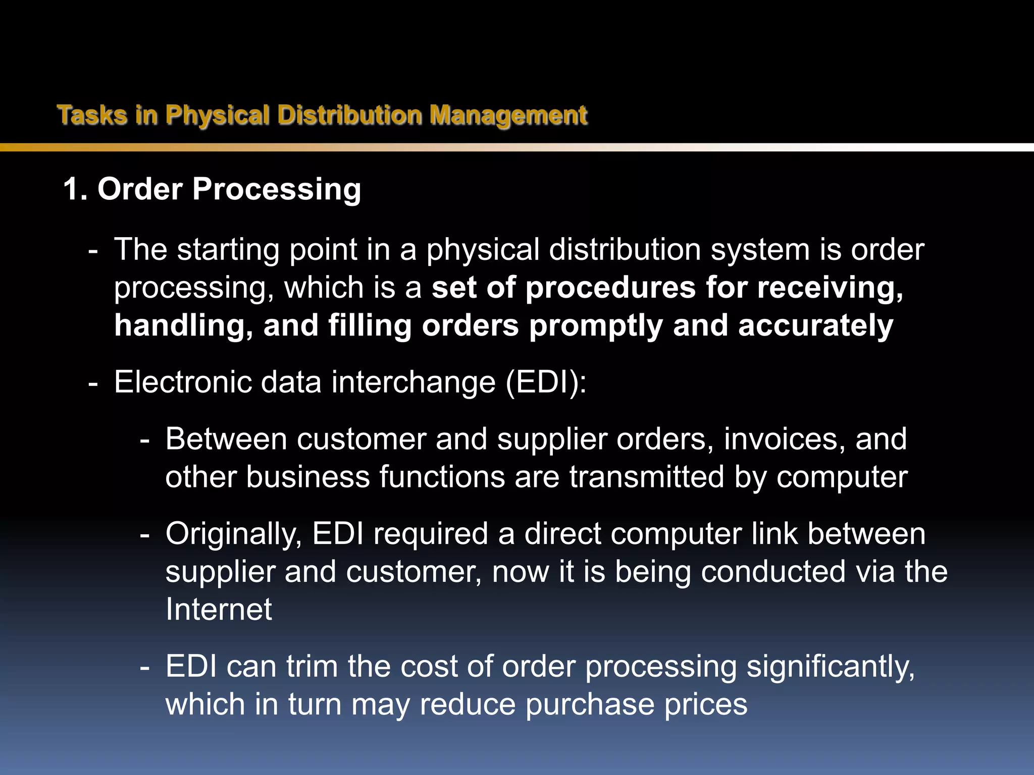 DIRECT SELLING• Direct channel—carries goods directly from a producer to the business purchaser or ultimate user. • Direct selling—a marketing strategy in which a producer establishes direct sales contact with its product’s final users. • Internet and direct mail are also potentially important tools for direct selling.CHANNELS USING MARKETING INTERMEDIARIES• For some products, using intermediaries may be more efficient, less expensive, and less time-consuming.